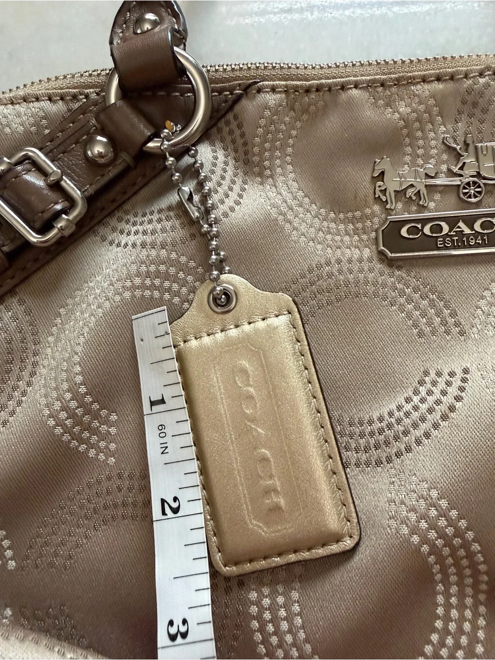 Coach Beige Signature Quilted Satchel with Brown Leather Trim